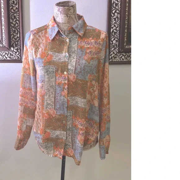 Vintage Patchwork Floral Paisley Button Up Shirt Long Sleeve Collared Blouse Top - Picture 2 of 9